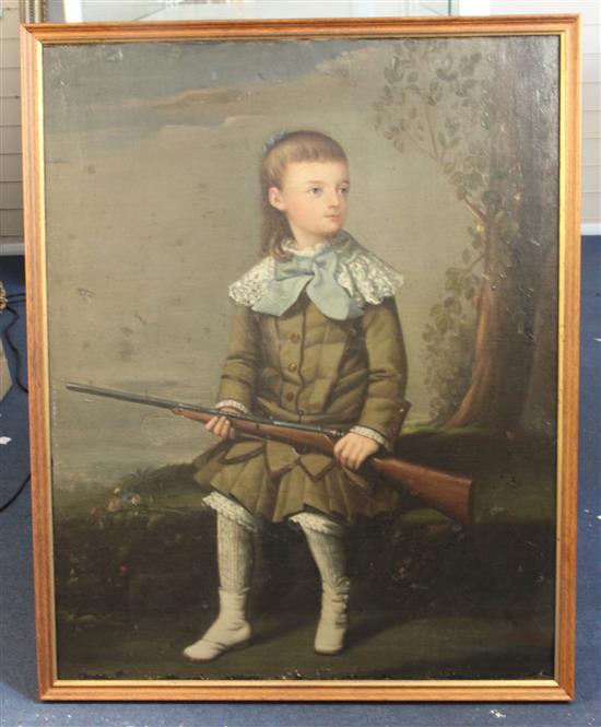 19th century French School Portrait of a boy holding a rifle, seated in a landscape 36 x 29in.